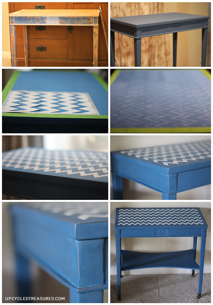 A thrifted side table gets a makeover using navy DIY chalk paint and a chevron stencil! Chevron Accent Table with DIY chalk paint. UpcycledTreasures.com