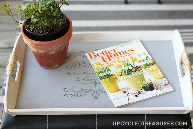 DIY French Cottage Tray - Tutorial on how to turn a plain Ikea tray into a French Cottage style tray using wax paper transfer! UpcycledTreasures.com