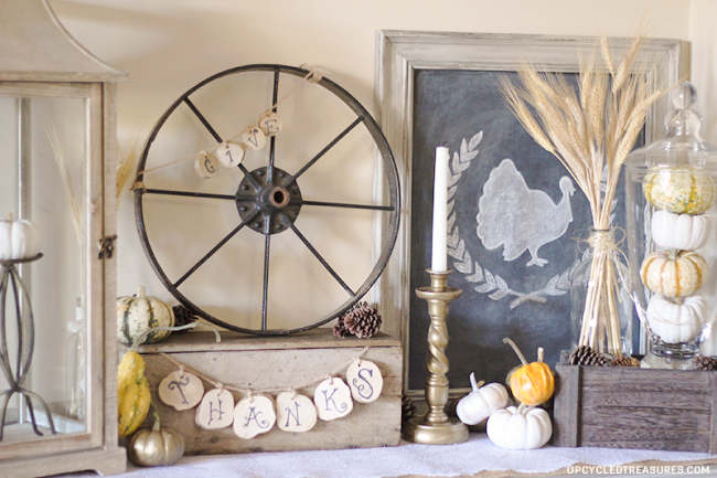Create a rustic Thanksgiving vignette using thrifted finds and items from nature. 