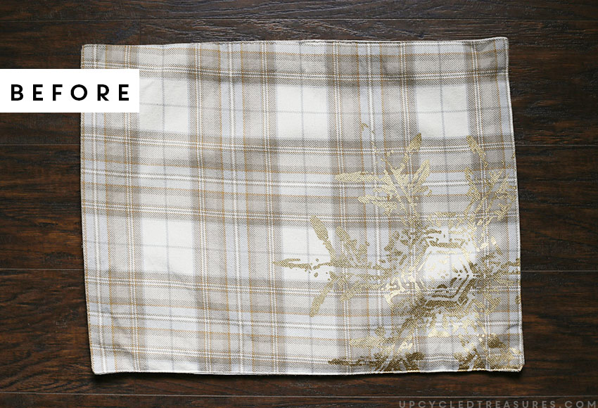 Looking for affordable holiday pillows? See how easy it is to create these no sew DIY holiday placemat pillows in a matter of minutes! UpcycledTreasures.com