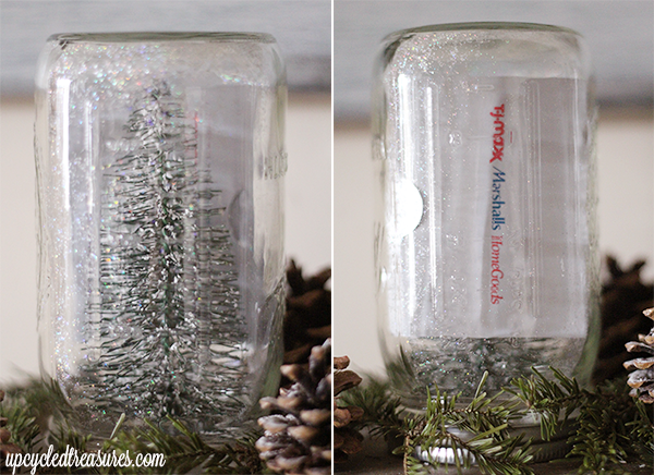 DIY Mason Jar Snow Globes! How to make waterless mason jar snow globes, including a creative and whimsical way to give gift cards! UpcycledTreasures.com