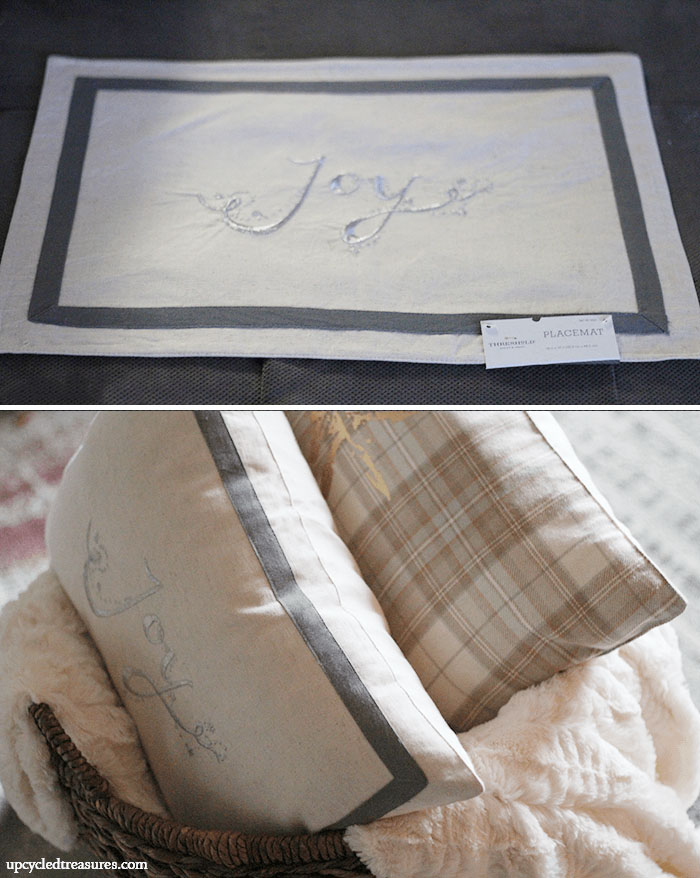 Looking for affordable holiday pillows? See how easy it is to create these no sew DIY holiday placemat pillows in a matter of minutes! UpcycledTreasures.com