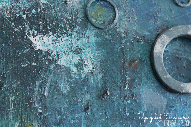 DIY Abstract Canvas Art! Check out how to create DIY abstract art using canvas, acrylic paints, fabric, sand & washers. UpcycledTreasures.com