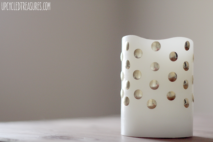 Spruce up {faux} Candles with Thumbtacks! Gussy up those plain white LED candles you have sitting around using brass thumbtacks! UpcycledTreasures.com
