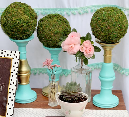 DIY turquoise and gold candle holders with moss ahandcraftedwedding for mountainmodernlife.com