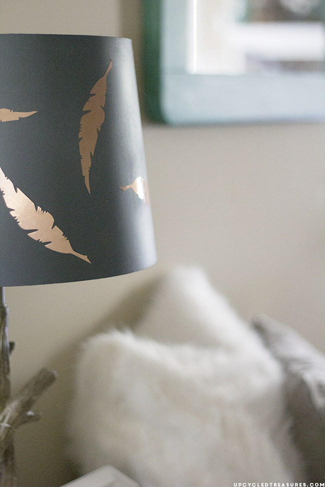 Need to spruce up a lamp? Update a lamp shade in as little as 5 minutes using contact paper and the Sizzix machine! upcycledtreasures.com