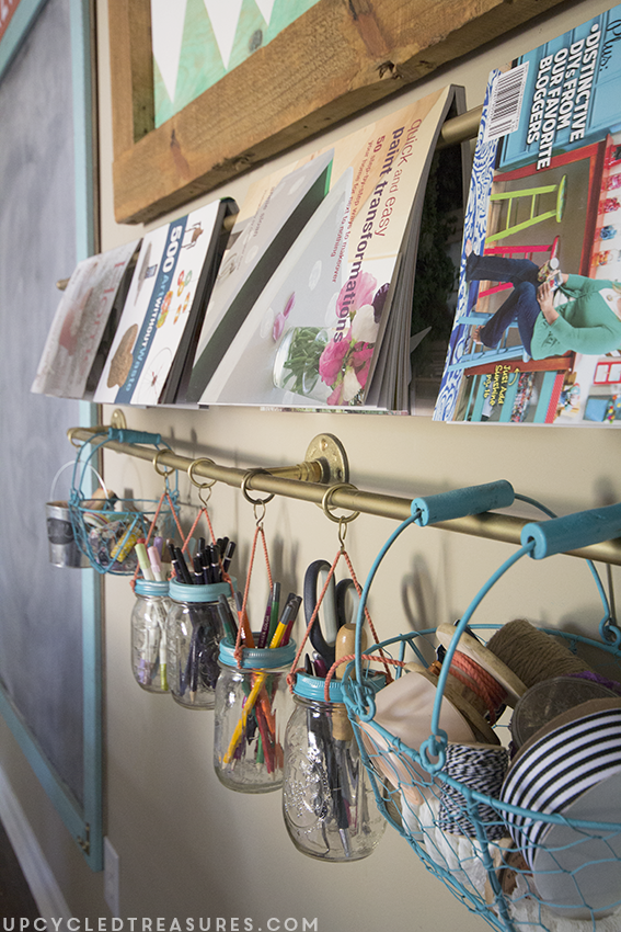 diy gold pipe storage system in creative workspace craft room - upcycledtreasures