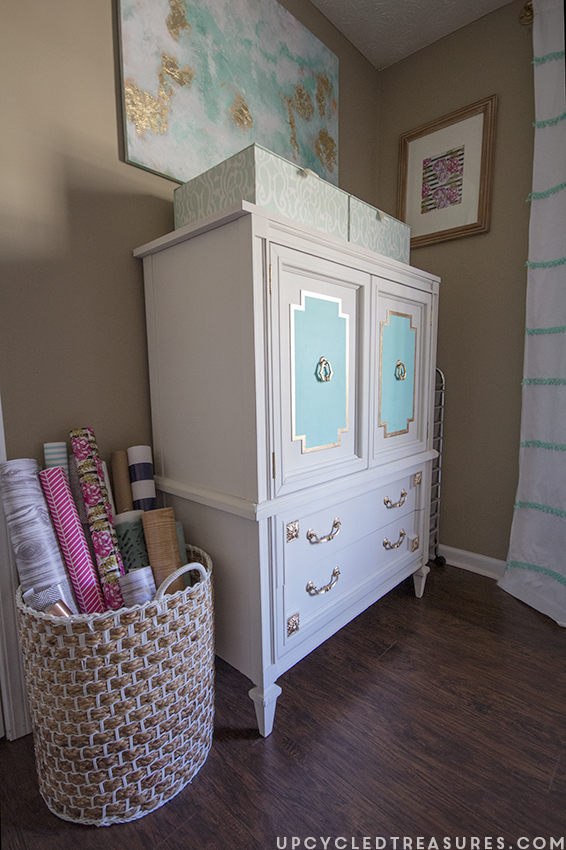 white-turquoise-and-gold-mid-century-furniture-makeover-upcycledtreasures