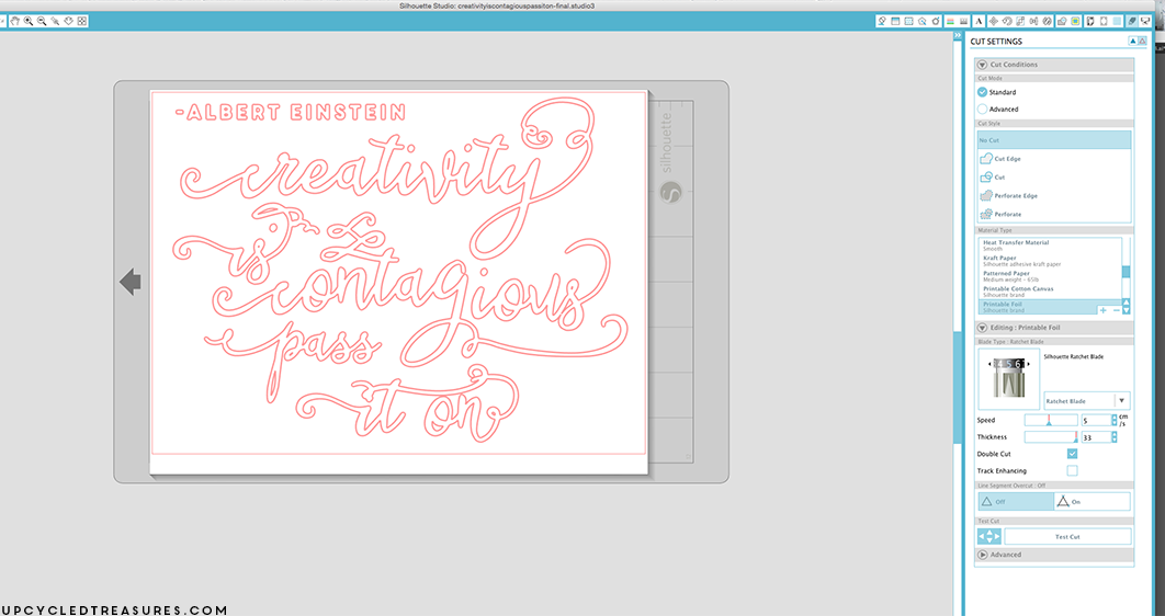 Screenshot inside Silhouette Studio software where words were designed for DIY Gold Foil Wall Art. MountainModernLIfe.com