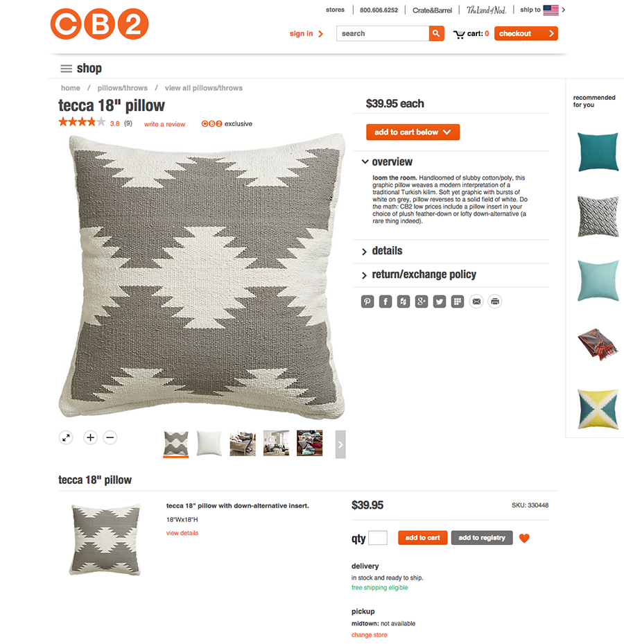 Pillow from CB2 that helped create inspiration for DIY painted pillow. MountainModernLIfe.com