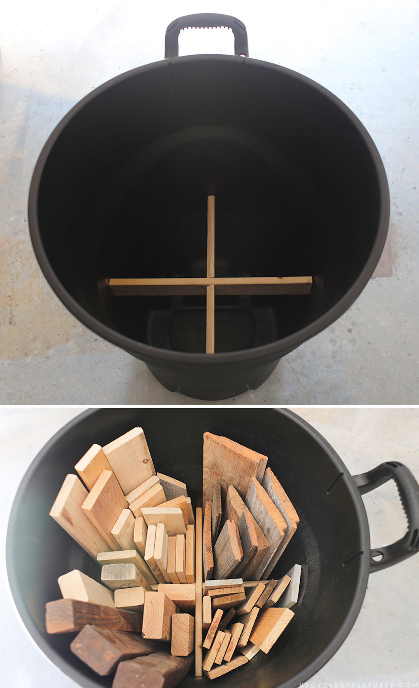 How we organize scrap wood using trash can and "X" shaped brace. MountainModernLife.com