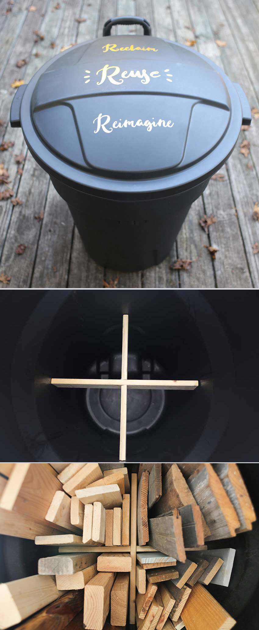 How we organize scrap wood using trash can and "X" shaped brace. MountainModernLife.com