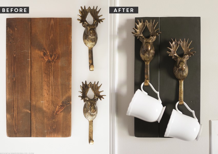 See how easy it is to make this rustic mug holder using moose hooks, perfect for a coffee bar! MountainModernLife.com