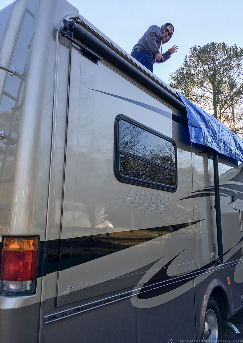 tarp-on-rv-for-bathroom-vent-ceiling-leak-mountainmodernlife.com