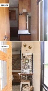 We've been talking about adding a wall-mounted desk in the bedroom of our RV for quite a while now, and decided to keep this project as easy as possible because my brain needed a bit of a break, haha. If you're looking for a creative space saving solution that doesn't require much time, I think you'll love how easy this project is! We have used Minwax® products in several projects throughout our home and RV so I was excited to team up with them for this project. It was fun to use products I had never tried before, and I hope you will find this post helpful and inspiring for your next project! Last month we made a trip up to North Carolina and picked up some reclaimed wood from our friend Steve, the owner of the cabin wedding venue we were married at. We wanted to add some character to the RV and knew that using reclaimed wood was definitely going to do that for us. Of course we have to be really careful about the weight we add to the RV which means we have to be selective about where we add wood. For the most part, we've been sticking to lighter wood like cedar and pine, but felt this was the perfect opportunity to use some of our reclaimed oak wood. Seriously, how freakin' pretty is this wood? I just love those saw marks! We previously removed a nightstand from the bedroom knowing that we would replace it with a wall-mounted desk, which you can catch a glimpse of in the photo below: I don't know about you, but I'm all about furniture that can be hidden or folded down to create more space when not in use, like the pull out table we made for the living room. DIY Reclaimed Wall-Mounted Desk The first thing we did was measure the space where our wall-mounted desk was going to be installed, and then cut our wood down to size. The plan was to attach two separate pieces to create a top with more depth. If you're using reclaimed wood for a project I think one of the most important steps is getting it all cleaned up. Our wood had been air dried so we used our steam cleaner to sanitize it. We then sanded it down, vacuumed it and wiped it down with mineral spirits. Not gonna lie, I was really indecisive about which direction to go for staining and sealing the wood. I wanted to keep the character, especially the saw marks so I didn't want anything too dark but I wanted to enhance the color and wood grain. I love how our rustic wall hangings turned out after I stained them with Minwax® Wood Finish Golden Oak, but as I said earlier I wanted to keep this project as easy as possible so I turned to Minwax® Polyshades® It's a stain and protective finish in one which means less work and time. Yup, sounded good to me! I have learned my lesson about taking chances on stain colors as the shades can vary greatly on different woods. For that reason I picked up a couple options to test on a scrap piece of wood before I made a decision. I tested American Chestnut and Classic Oak. The Chestnut was redder than I wanted but the Classic Oak was perfect! By the way, you can actually use Polyshades® to stain on top of existing finishes. So if you're looking to darken the color of an existing stain you may want to consider using it. I went ahead and filled in the holes/knots in the wood with some Epoxy and after waiting 24 hours I sanded the wood down again before starting the staining process. We recently did this with our kitchen and bathroom countertops, and I love it so much better than just filling in the knots or gaps with wood filler. As for the Polyshades®, I did notice that it was a much thicker consistency than stains without the polyurethane mixed in, so I stirred it a little longer than usual. I then stained the reclaimed oak wood using a natural bristle brush which worked well, although I did read that some people prefer to use a sock, so that may be something for you to consider. I love how the wood came to life and the character was enhanced by the color of the stain and protected by the poly. The wood looked so pretty after one coat that I thought I would leave it at that, but then randomly decided to create a mixture of half Polyshades® Classic Oak and half Polyshades® American Chestnut (I just mixed them together in a mason jar). Once the stain was dry (we waited 24 hours), we used our Kreg Jig to attach the two boards to one another. We also added some wood glue in between the boards and made sure to wipe off any excess. Once our two boards were stained, sealed and attached to one another our wall-mounted desk was basically done. All that was left was to attach it to to wall using these brackets, which was probably the most difficult part since we are installing this inside our RV. The area of the RV that the brackets are being installed is where a cabinet previously was. We had removed it a while back with plans of adding this desk in it's place. For that reason, we knew that screws had previously been in the wall, and figured we could use some of those holes for these brackets. Of course it didn't work out as smoothly as we had hoped and the holes didn't line up exactly where we needed them. After a bit of maneuvering we got the brackets installed and secured to the wall. If you're installing this at home it's a good idea to make sure at least one of the screws goes into a stud, or you may need to use anchors. And if you're installing something like this into a RV just be extra careful. It's probably best if you are installing it somewhere that you know can handle the weight or if you removed something else that was previously screwed into the wall. You may also want to check out this post about various RV wall fasteners. After we installed the brackets we felt the desk wasn't as secure as we wanted so we did a bit more research and then decided to add a piece of plywood behind the brackets. The piece of plywood was cut to size, painted, and then screwed into the wall. We then screwed the brackets directly into the plywood. It's amazing how much sturdier the desk is now. And here is our new desk mounted to the wall inside the bedroom of our RV, woo-hoo! I love how it turned out and think this is going to be a great little nook to work on the laptop or craft it up. Not to mention it's exciting to think about the different views we will have from this window :) I especially love how warm and rich the color is and to think that we have wood in our home that's nearly 200 years old is also pretty awesome. So far we've pretty much kept the desk up, but this is what it looks like folded back down: Overall, we're super happy with how our wall-mounted desk turned out. Not only is it functional, but the wood brings so much character to our RV. Here's a before and after photo of our new desk area: After doing some research on using Polyshades® for wood projects, I came across a few tips that I wanted to pass along to help your next project go smoothly. Tips to keep in mind when using Polyshades®: Make sure the wood is sanded with 220 grit sandpaper and clean of dirt or dust Test the color on scrap wood or an inconspicuous area Use a natural bristle brush or a sock (make sure it's lint-free) to apply it May be easier to use on projects with less detail/curves Are you planning any space saving solutions in your home or RV? If so we would love to hear about it in the comments below! See how Minwax® can help you enrich the wood and create beautiful and meaningful pieces in your home. Learn How: Minwax.com/madewithlove