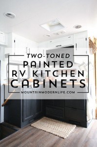 Planning to paint your tiny kitchen and considering using black? Check out these two-toned painted RV kitchen cabinets!
