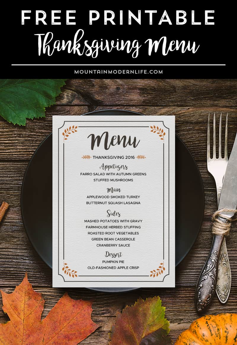 FREE Printable Thanksgiving Menu MountainModernLife