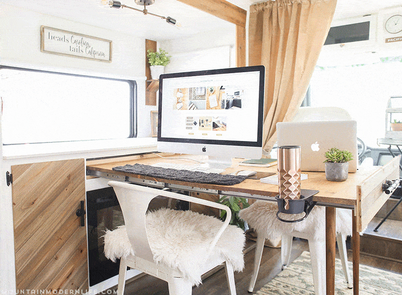 Hidden TV Lift inside RV | MountainModernLife.com Could you live in less than 300 square feet? See how this outdated motorhome was completely transformed into a rustic modern RV! MountainModernLife.com