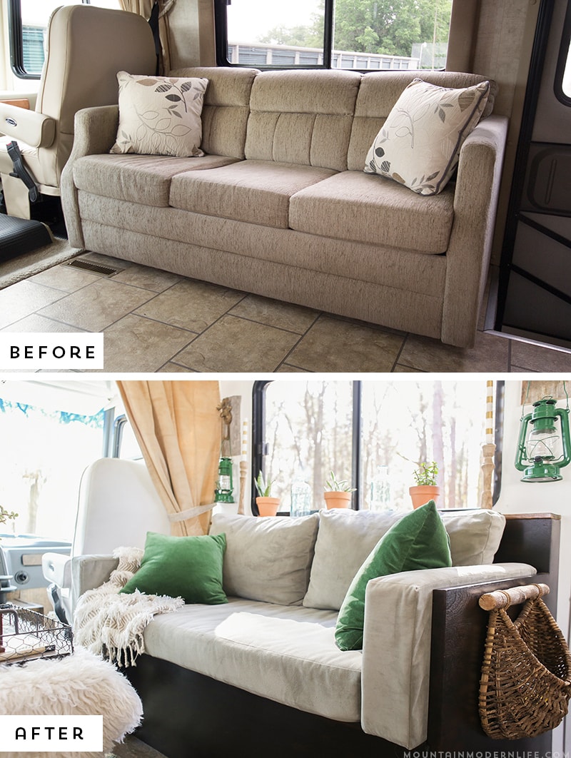 rv-sofa-before-after-mountainmodernlife.com Could you live in less than 300 square feet? See how this outdated motorhome was completely transformed into a rustic modern RV! MountainModernLife.com