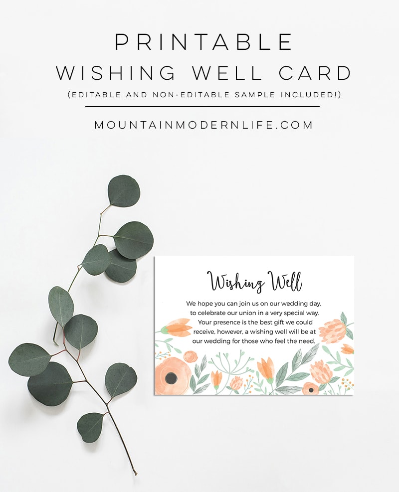 Instantly download this printable Floral Peach DIY Wishing Well Card Template, which is perfect for a Spring, Summer, or vintage-inspired wedding!