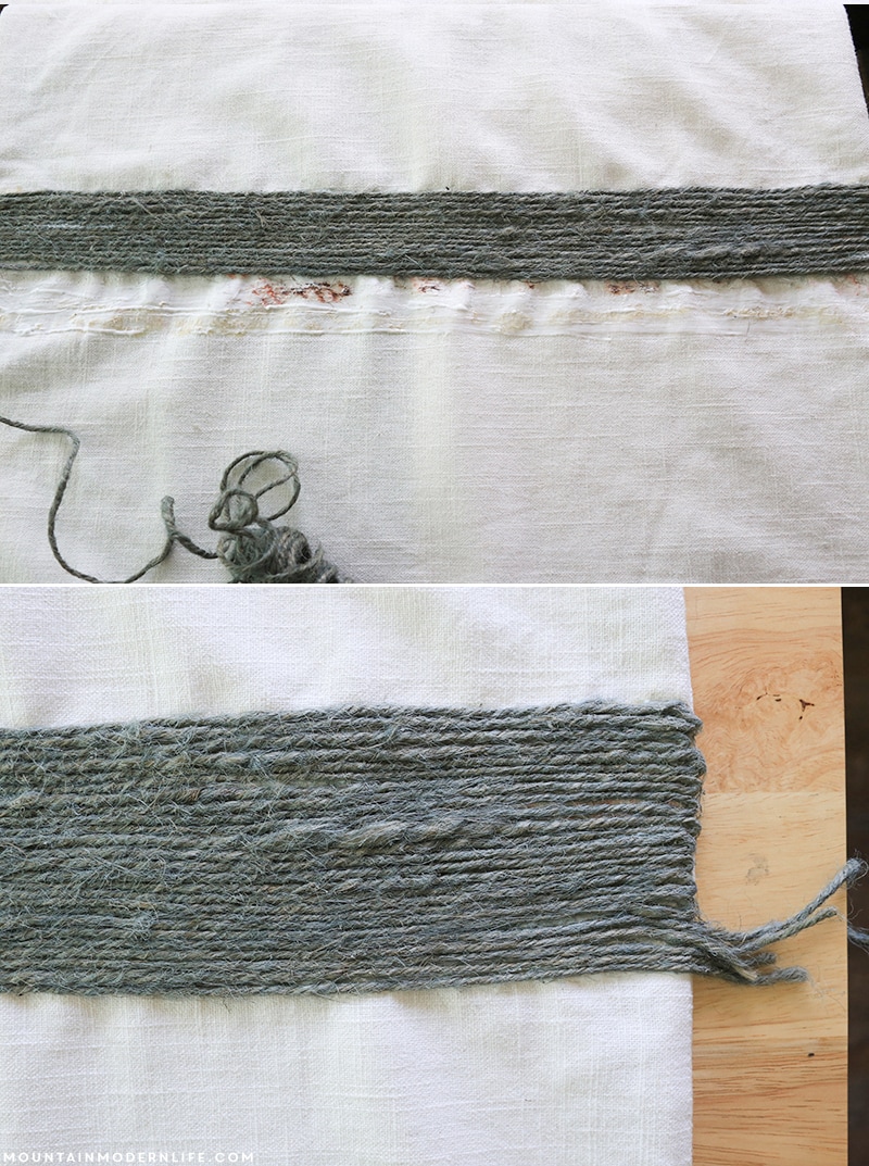 See how easy it is to create these no-sew rustic pillows using twine, liquid stitch, and a little imagination! MountainModernLife.com