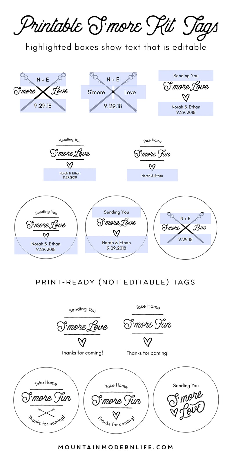 Instantly download these printable S'more Kit Tags, perfect for a rustic wedding, baby shower, or your next bonfire! MountainModernLife.com