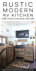 Thinking about renovating your camper? See how reclaimed wood was used to create a rustic modern RV kitchen! MountainModernLife.com