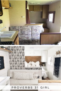 Tour this budget-friendly farmhouse camper that was transformed for $500 by Proverbs31Girl! Featured on MountainModernLife.com