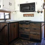 Considering adding black kitchen countertops to your home? Come see how we updated butcher block countertops for a rustic modern vibe in our RV. MountainModernLife.com