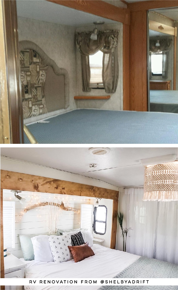 See how a couple transformed their outdated RV into a boho surf shack! Renovation from @ShelbyAdrift - Featured on MountainModernLife.com!