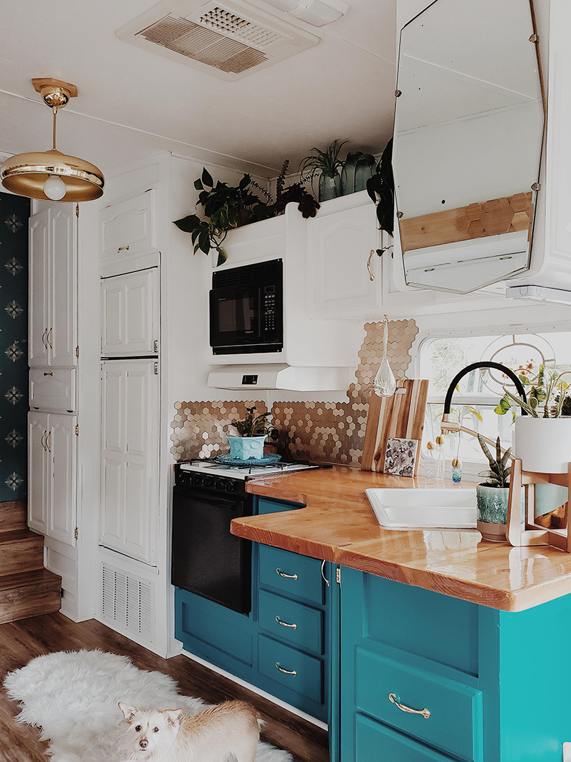 The interior of this bohemian 5th wheel is a botanical wonderland! Featuring @leeannieblivin on mountainmodernlife.com