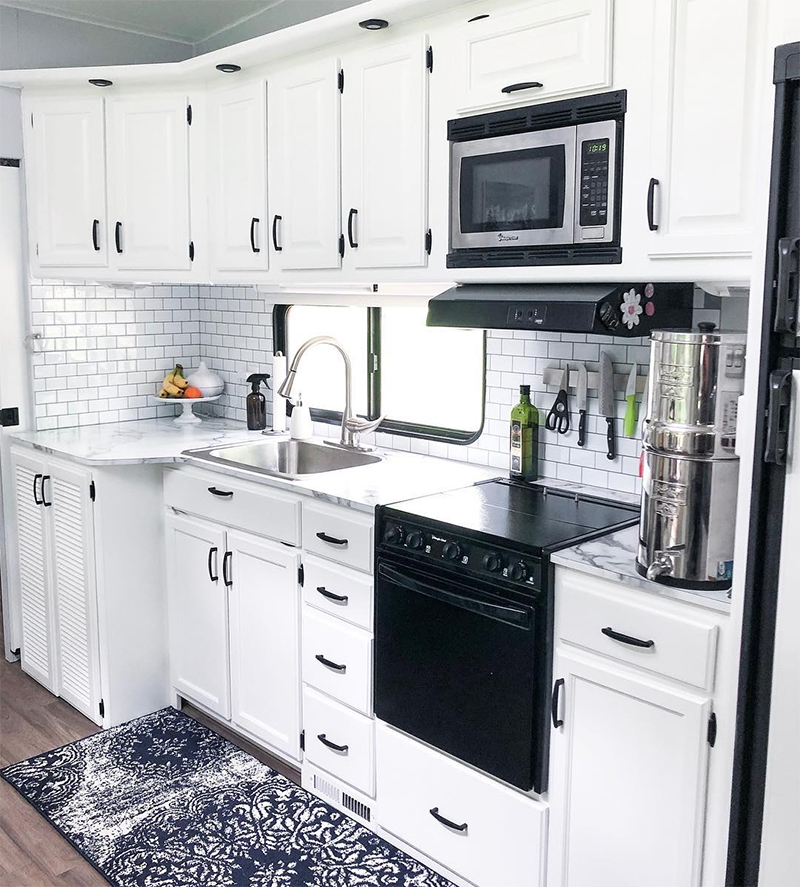 White RV Kitchen Interior from @fifthwheelfarmhouse