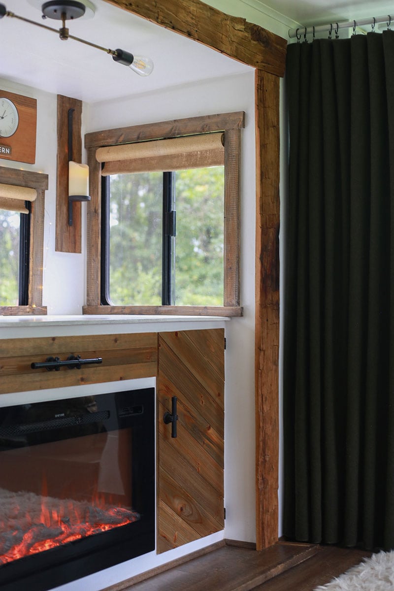 RV slide-out molding replaced with reclaimed hand-hewn barnwood skins