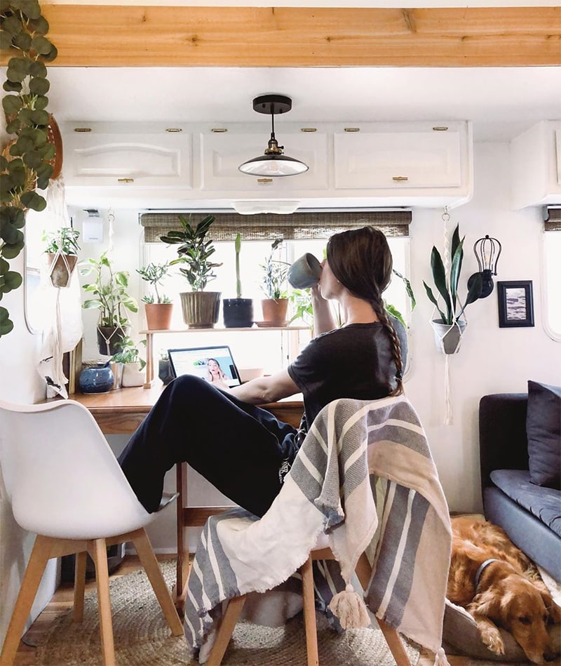 Mobile desk in RV with lots of plants