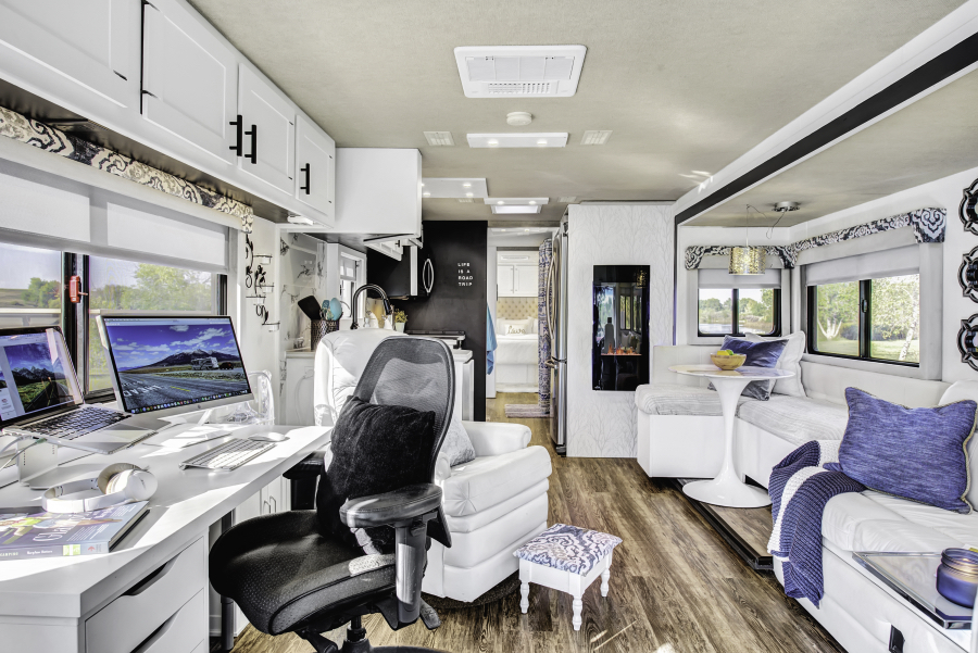 This contemporary motorhome renovation was completed off-grid in under