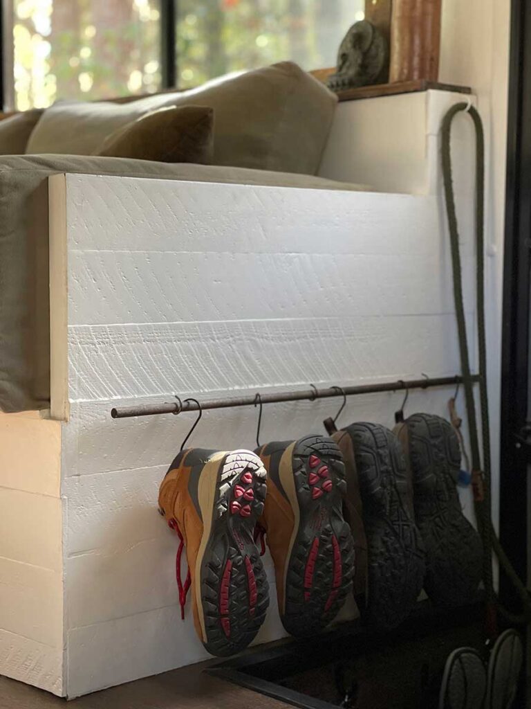 RV shoe storage hanging from hooks