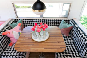 camper dinette booth with houndstooth fabric