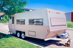 pink and white vintage camper exterior