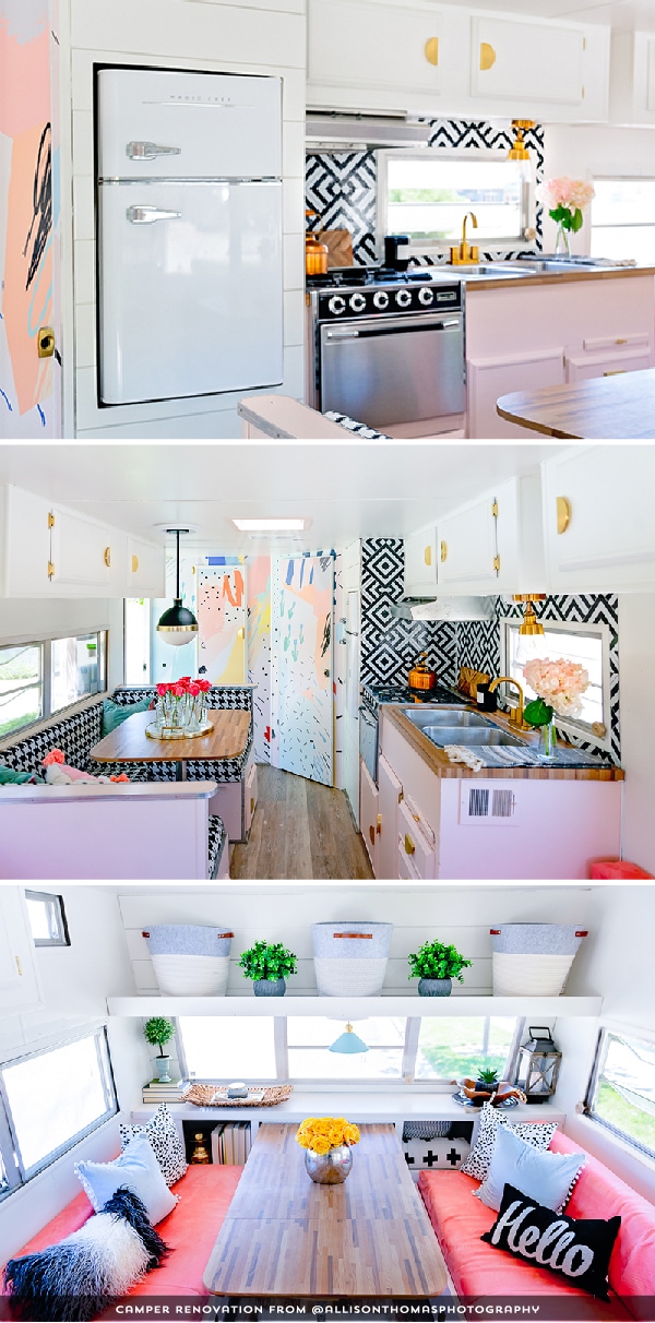 The playful interior of this vintage camper renovation was inspired by abstract pop wallpaper