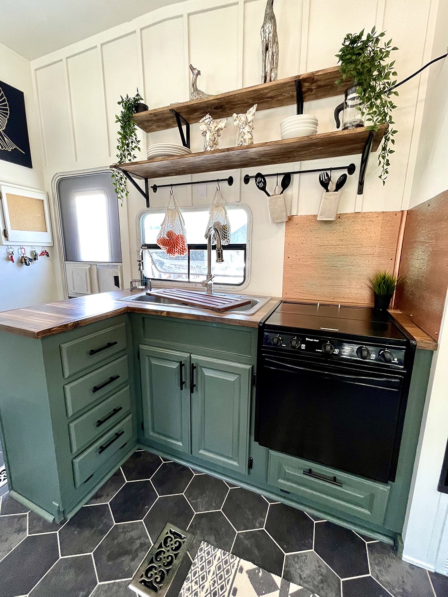 RV Kitchen with Sherwin Williams Pewter Green cabinets