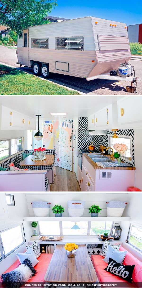 The playful interior of this vintage camper renovation was inspired by abstract pop wallpaper
