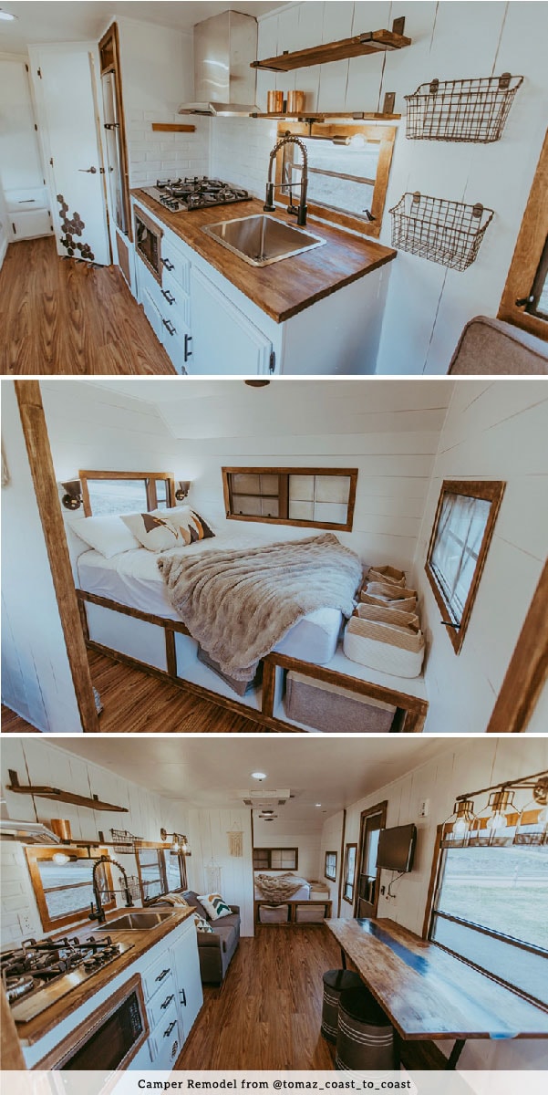 Tour this family-friendly camper remodel that includes a DIY epoxy shower