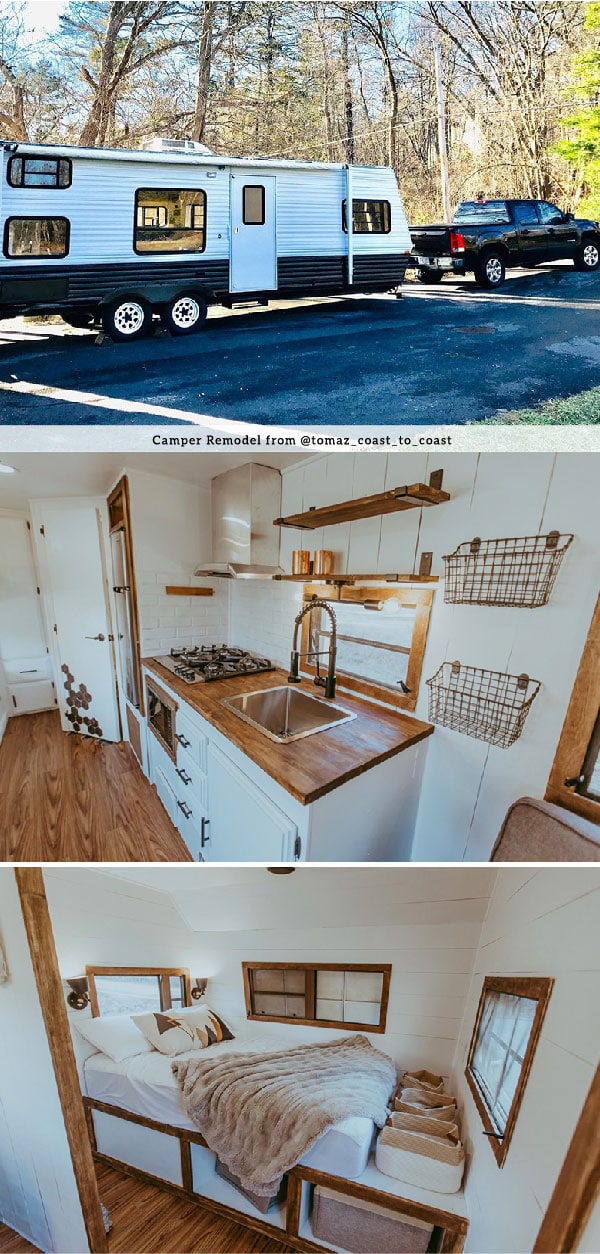 Tour this family-friendly camper remodel that includes a DIY epoxy shower
