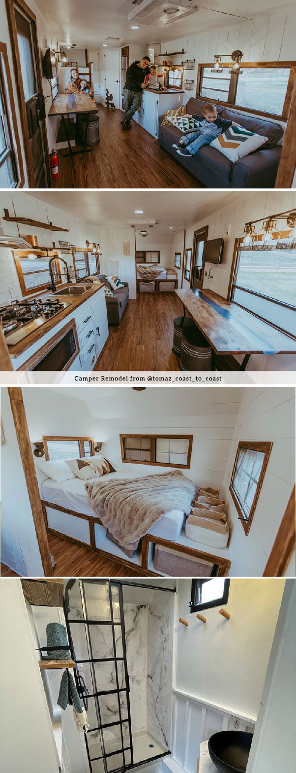Tour this family-friendly camper remodel that includes a DIY epoxy shower