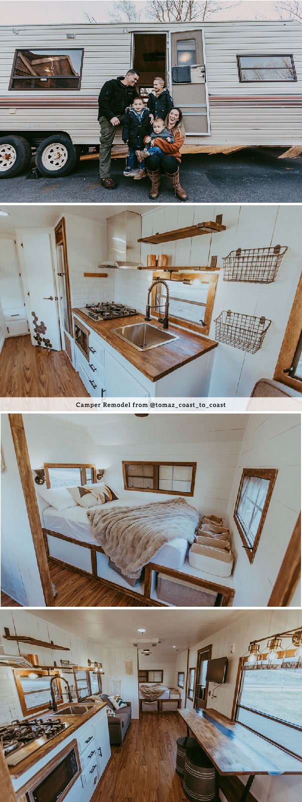 Tour this family-friendly camper remodel that includes a DIY epoxy shower