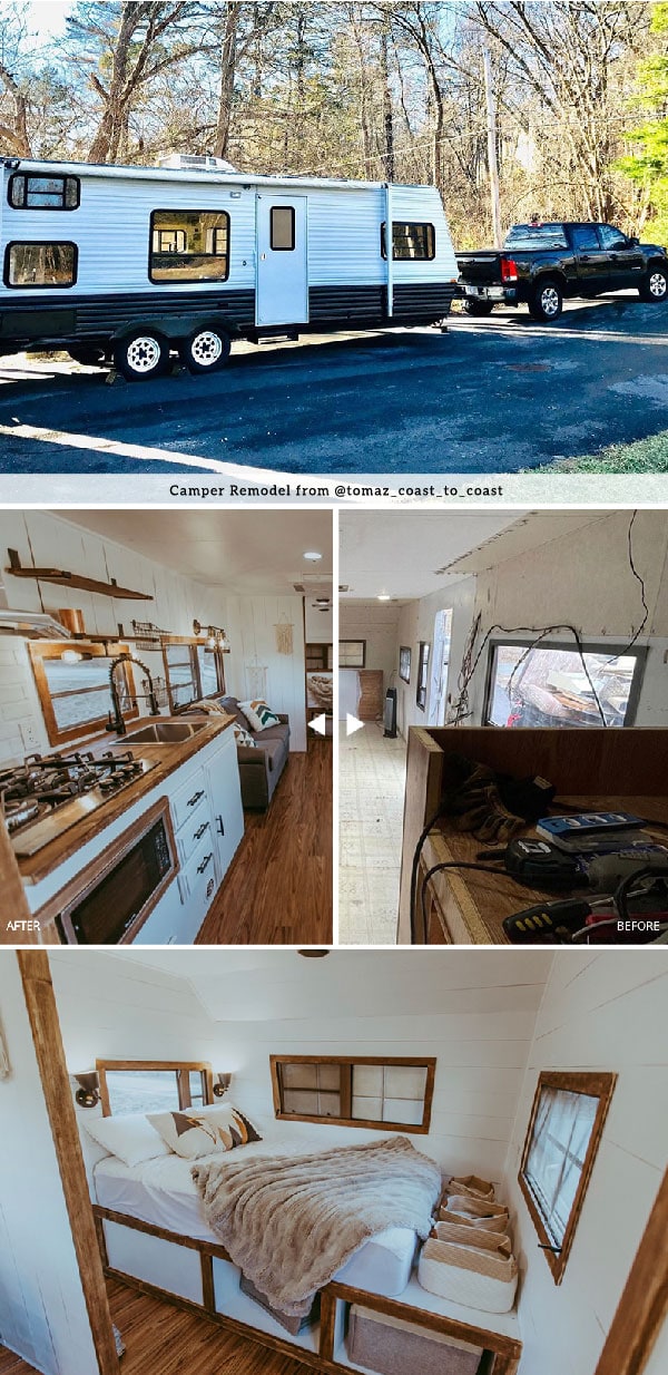 Tour this family-friendly camper remodel that includes a DIY epoxy shower