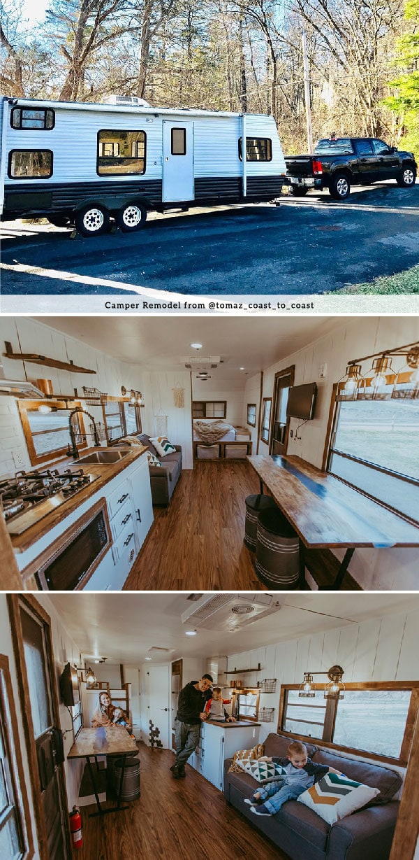 Tour this family-friendly camper remodel that includes a DIY epoxy shower