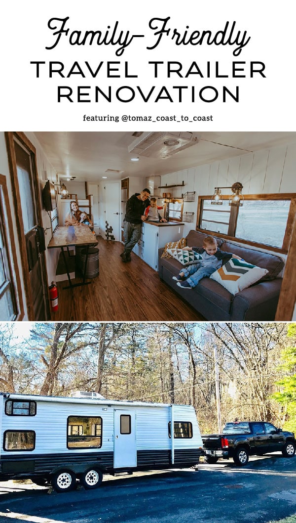 Tour this family-friendly camper remodel that includes a DIY epoxy shower