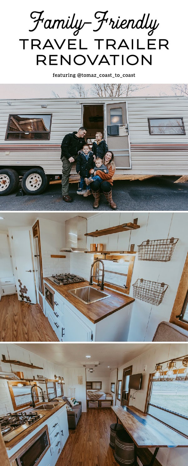 Tour this family-friendly camper remodel that includes a DIY epoxy shower