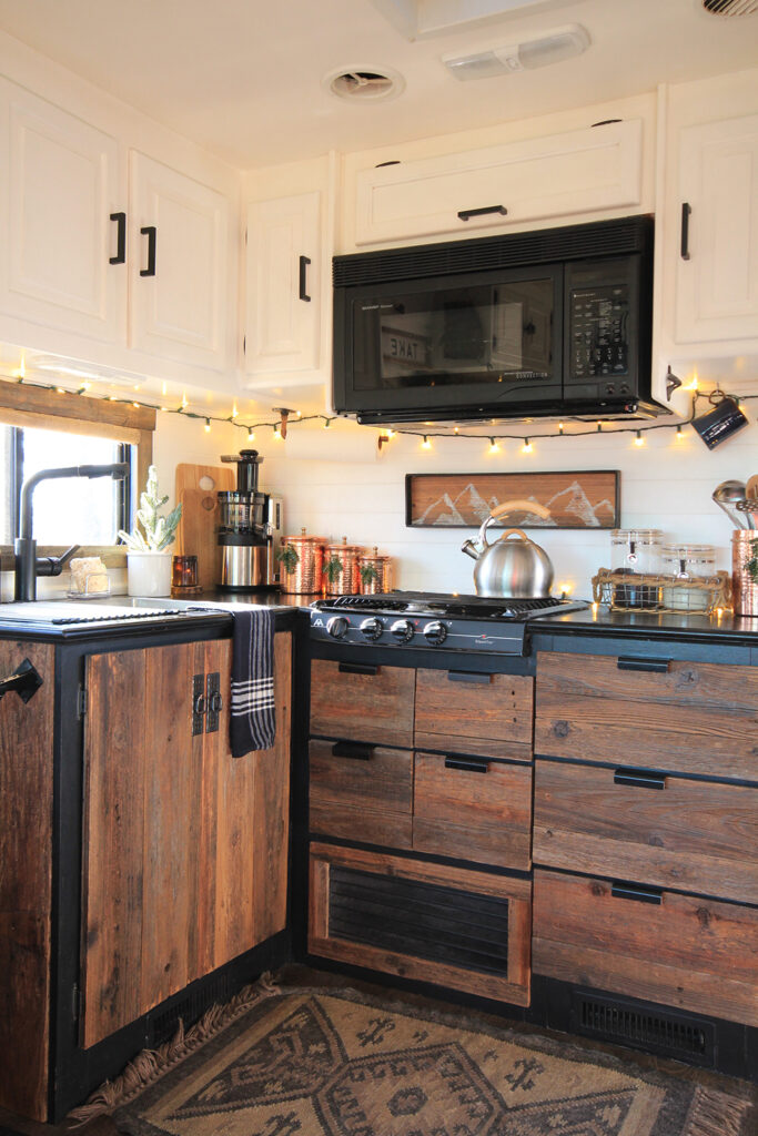 RV kitchen decorated for Christmas